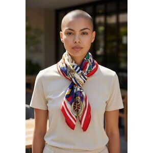 Vintage Nautical Print Scarf MiJoli Polyester 100% Red Blue Gold Stripes & Flags